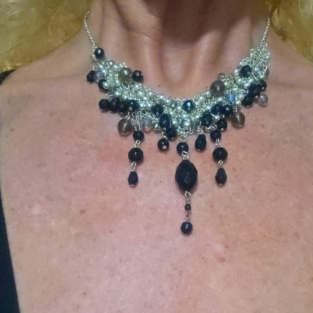 Funky  Black and Silver Beaded Necklace